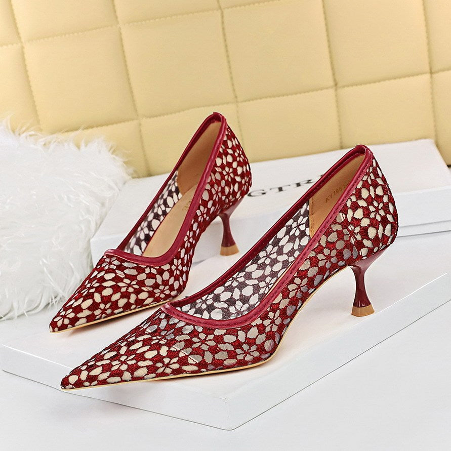 Women's Stiletto High Heel Shallow Mouth Pointed Toe Lace Shoes