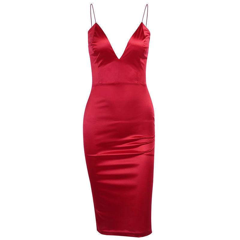 Women’s Satin V-Neck Dress – Spaghetti Strap, Elegant Party Dress