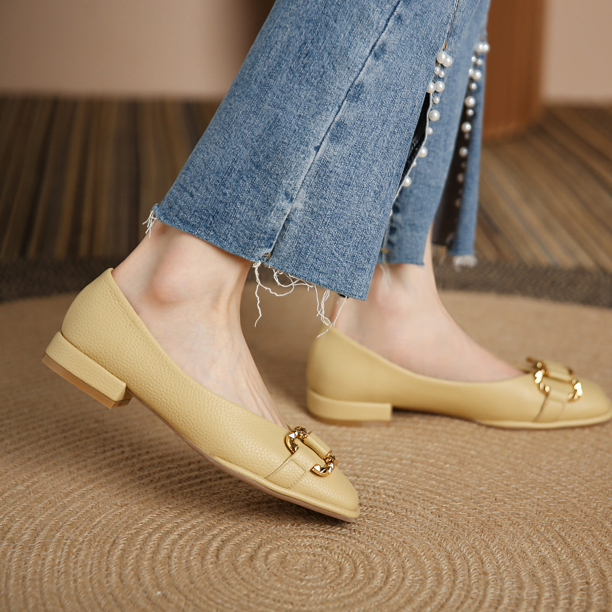 Women's Pebbled Pumps Horsebit Low Heel Shoes Elegant Flats