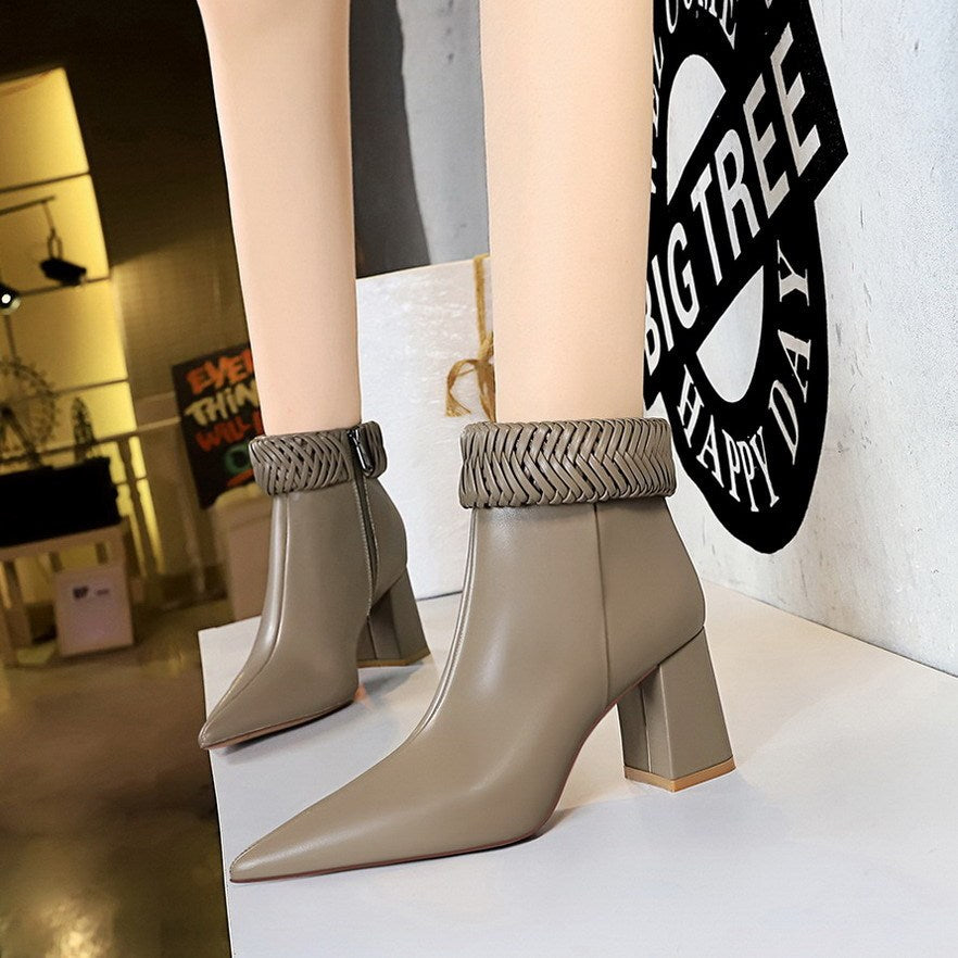 Women's Short Boots with Braided Lapel and Side Zipper