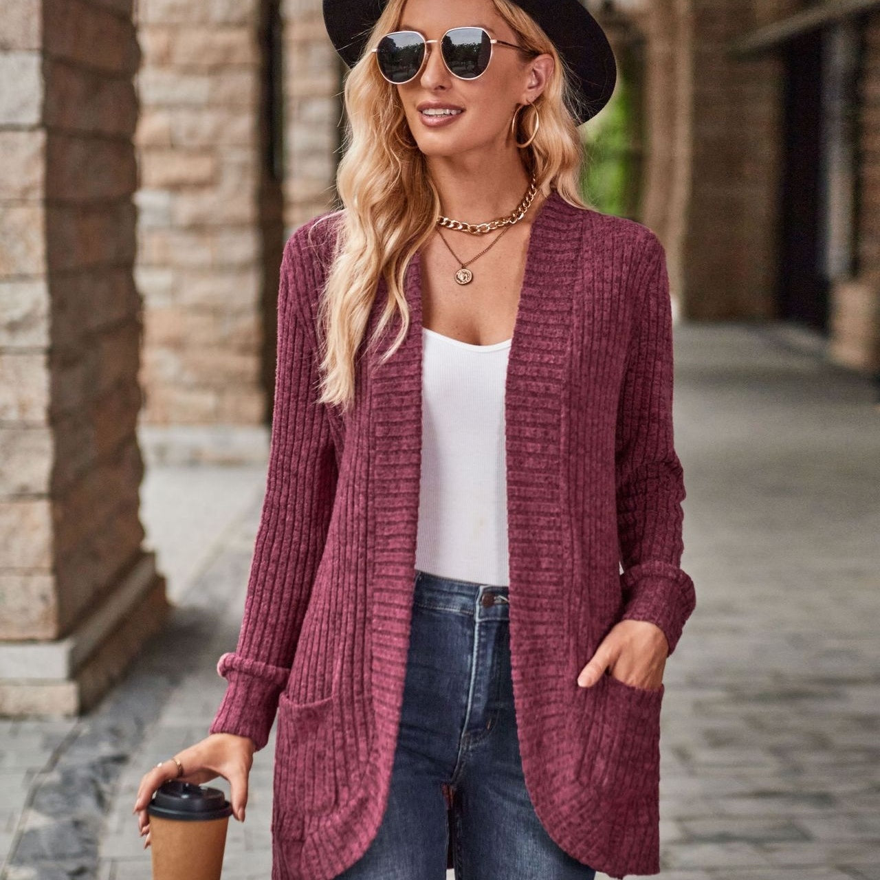 Women's Hollow Striped Brushed Cardigan