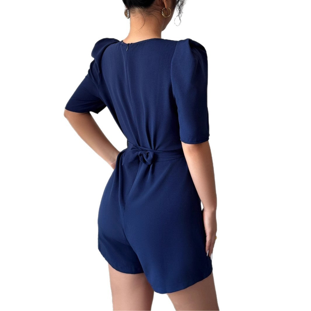 Women's Puff Sleeve Solid Color One Piece Shorts