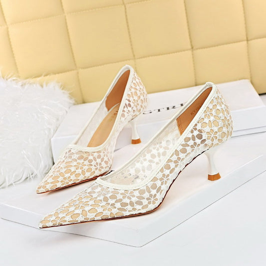 Women's Stiletto High Heel Shallow Mouth Pointed Toe Lace Shoes