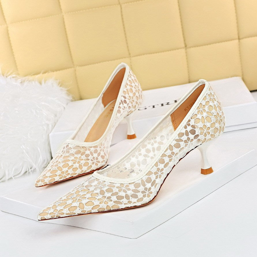Women's Stiletto High Heel Shallow Mouth Pointed Toe Lace Shoes