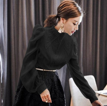 Women's Korean Style Lantern Sleeve Blouse and Black Midi Skirt