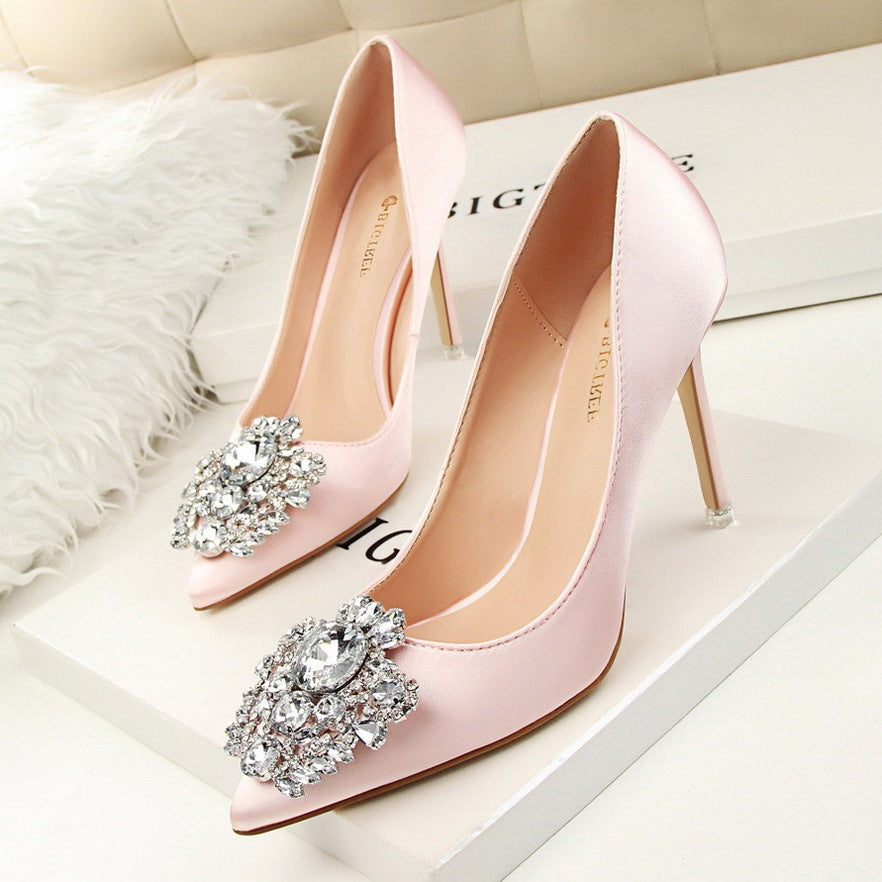 Elegant Women's Shiny Rhinestone Pointed Toe Buckle Heels