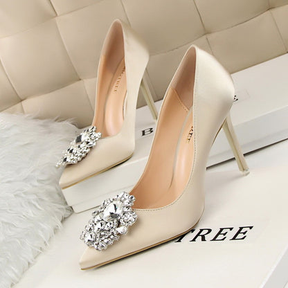 Elegant Women's Shiny Rhinestone Pointed Toe Buckle Heels