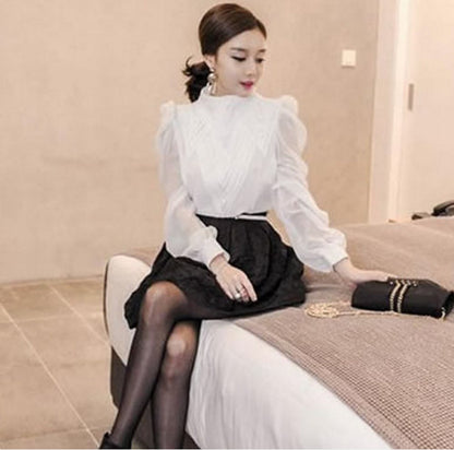 Women's Korean Style Lantern Sleeve Blouse and Black Midi Skirt