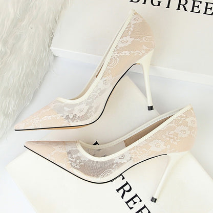 Women’s Pointed Toe Mesh Lace Heels – Hollow Design, Elegant Dress Shoes