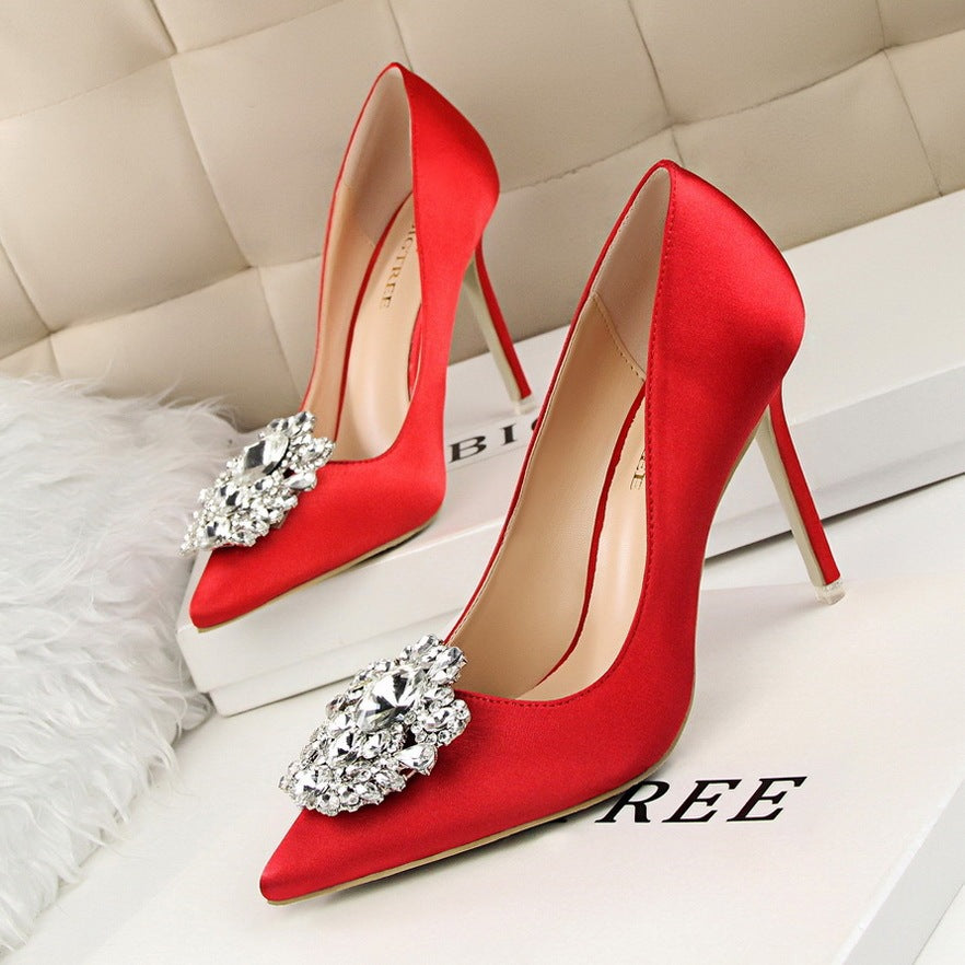Elegant Women's Shiny Rhinestone Pointed Toe Buckle Heels