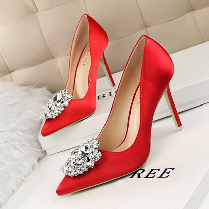 Elegant Women's Shiny Rhinestone Pointed Toe Buckle Heels