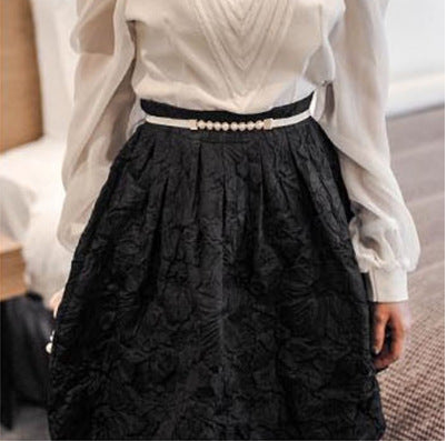 Women's Korean Style Lantern Sleeve Blouse and Black Midi Skirt
