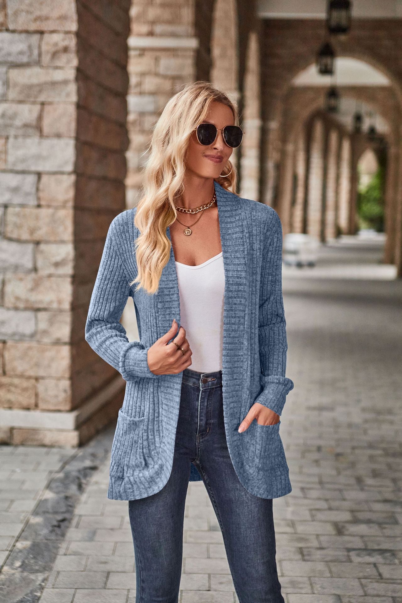Women's Hollow Striped Brushed Cardigan