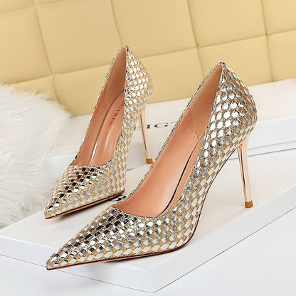 Women's Shiny Sequin Woven Metal Decoration Leather Stiletto Heels