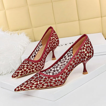 Women's Stiletto High Heel Shallow Mouth Pointed Toe Lace Shoes