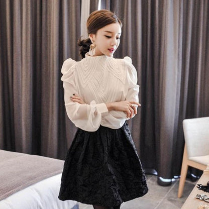 Women's Korean Style Lantern Sleeve Blouse and Black Midi Skirt