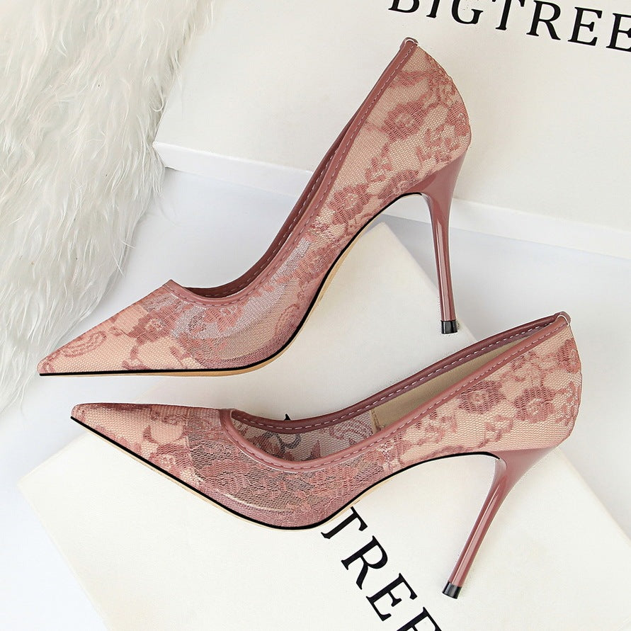 Women’s Pointed Toe Mesh Lace Heels – Hollow Design, Elegant Dress Shoes