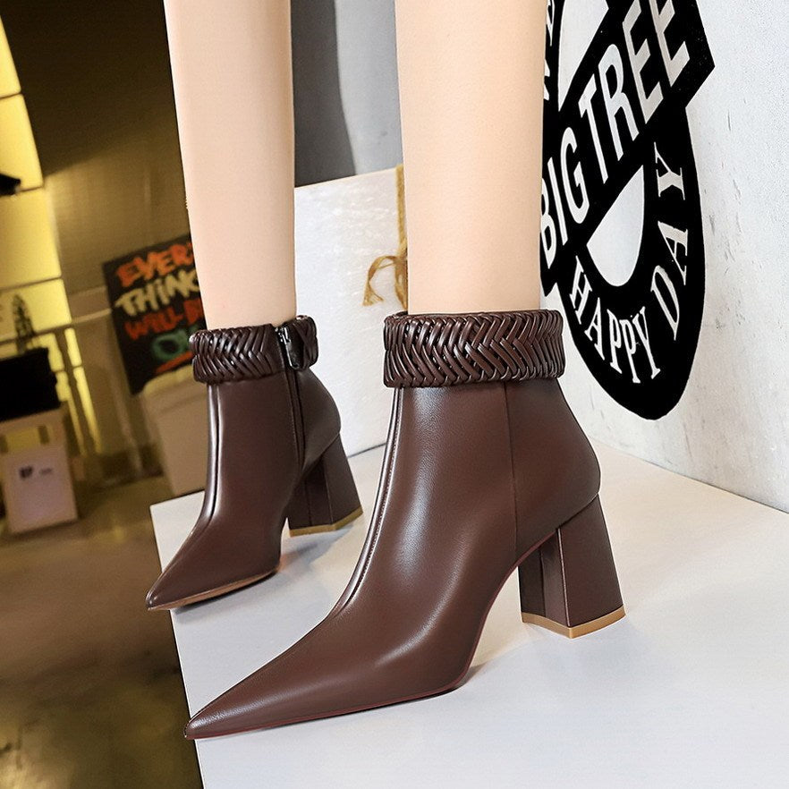 Women's Short Boots with Braided Lapel and Side Zipper