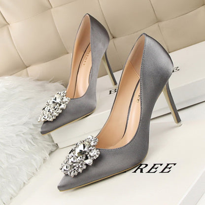 Elegant Women's Shiny Rhinestone Pointed Toe Buckle Heels
