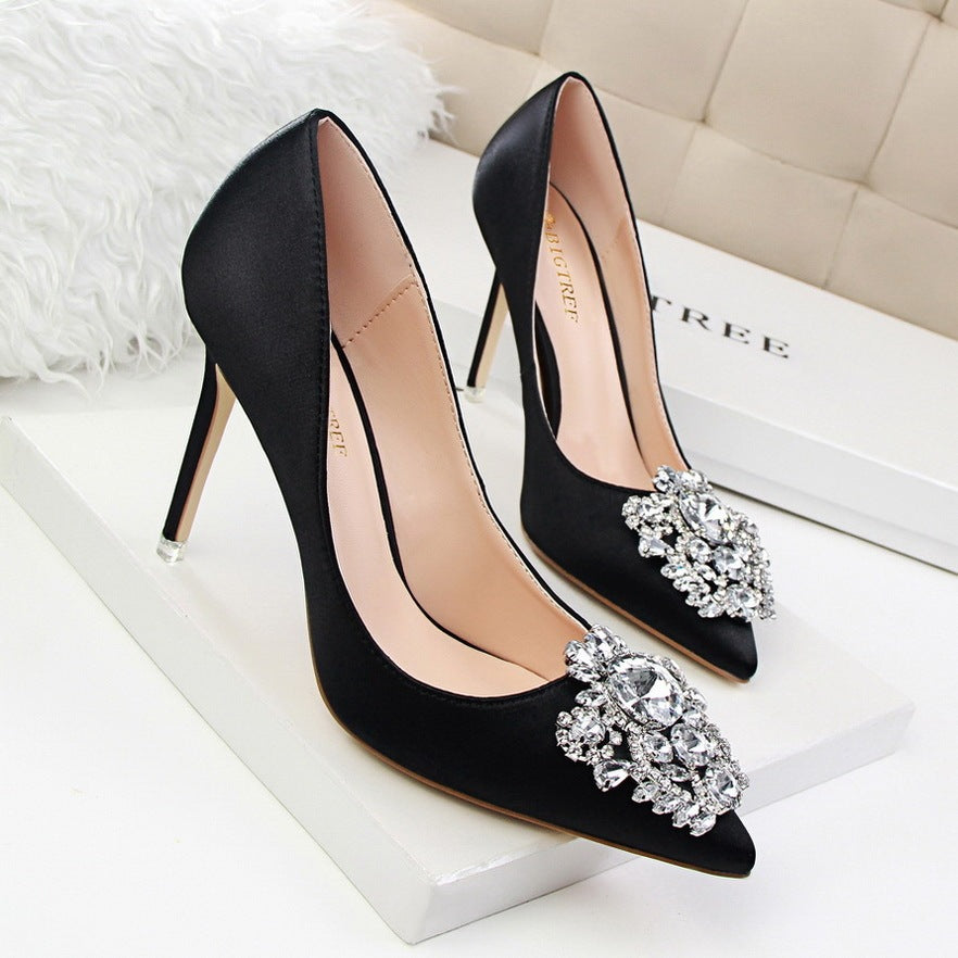 Elegant Women's Shiny Rhinestone Pointed Toe Buckle Heels