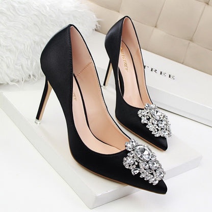 Elegant Women's Shiny Rhinestone Pointed Toe Buckle Heels