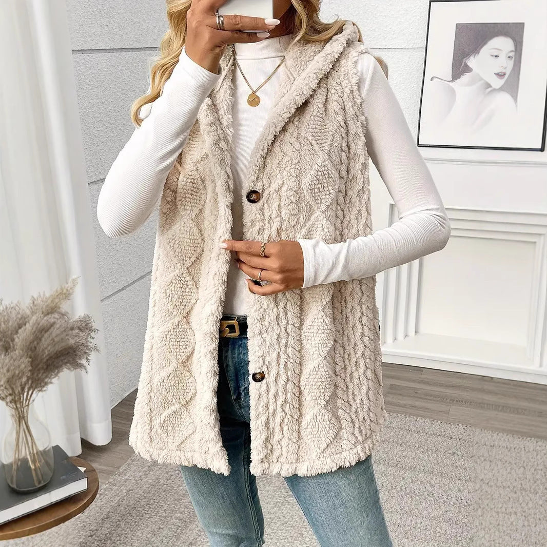 Women's Plush Hooded Button Cardigan Vest