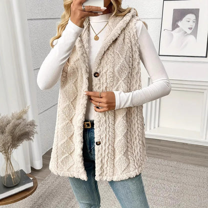 Women's Plush Hooded Button Cardigan Vest