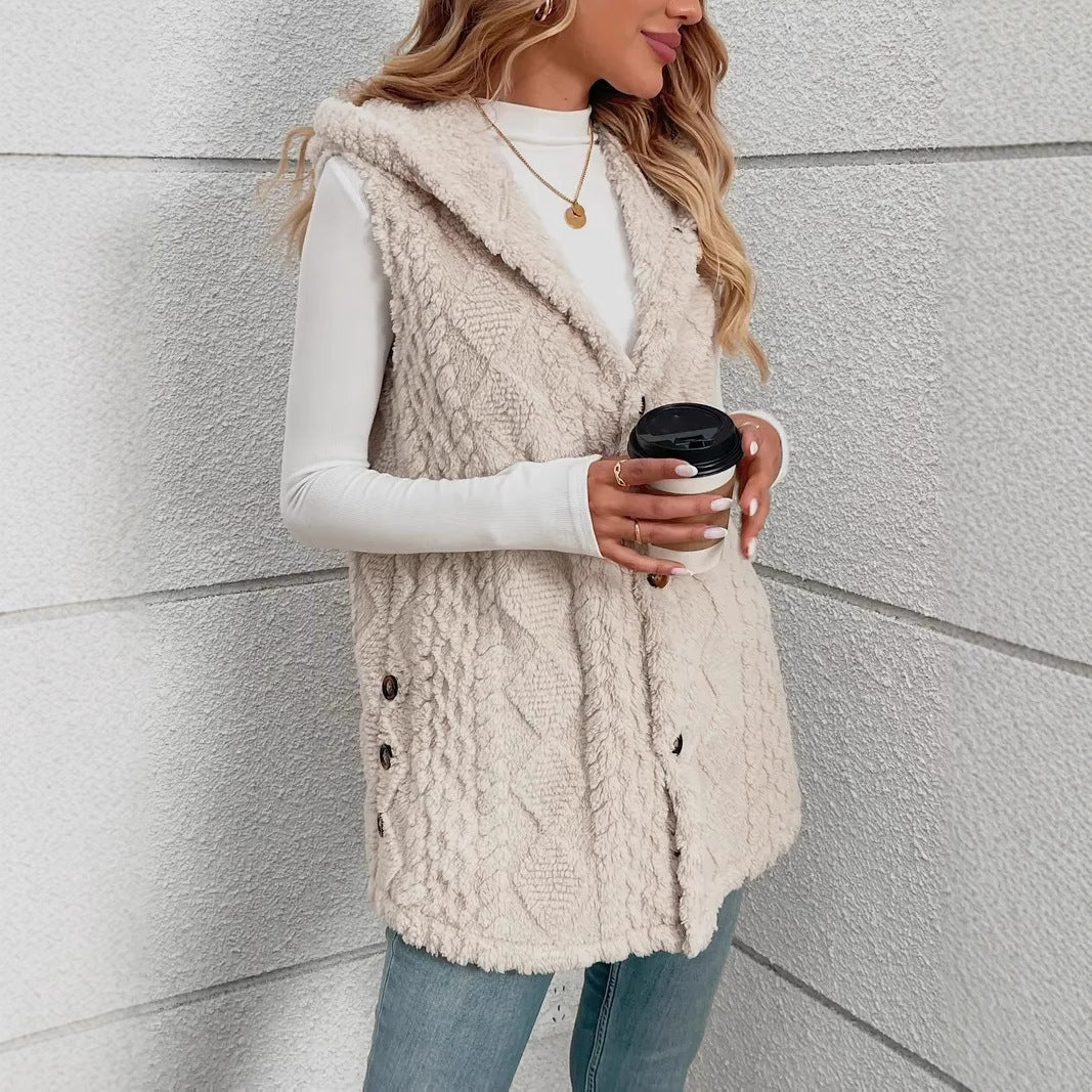 Women's Plush Hooded Button Cardigan Vest