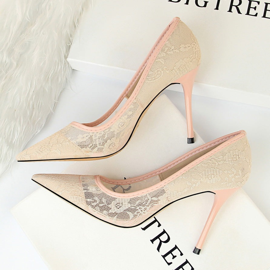Women’s Pointed Toe Mesh Lace Heels – Hollow Design, Elegant Dress Shoes