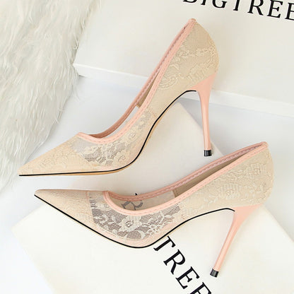 Women’s Pointed Toe Mesh Lace Heels – Hollow Design, Elegant Dress Shoes