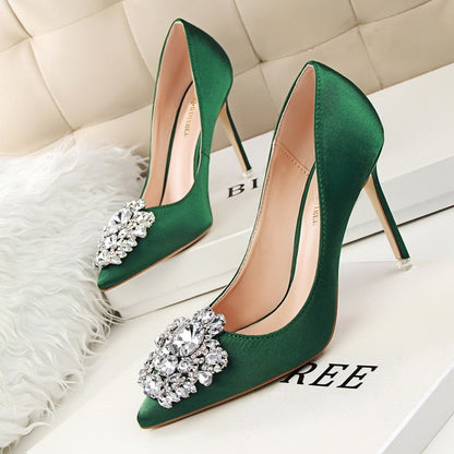 Elegant Women's Shiny Rhinestone Pointed Toe Buckle Heels