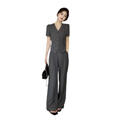 New Flattering Short Sleeve Top and Casual Wide Leg Pants Two Piece Set for Women