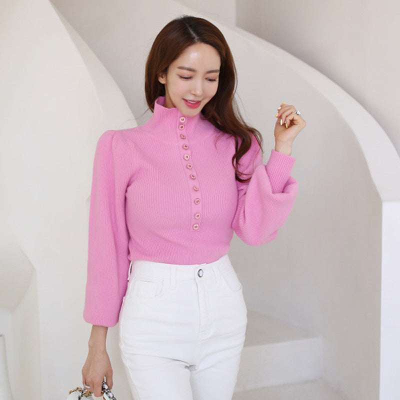 Stylish Women's Knitted Top Long Sleeve Single Breasted