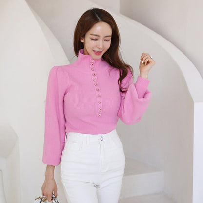 Stylish Women's Knitted Top Long Sleeve Single Breasted