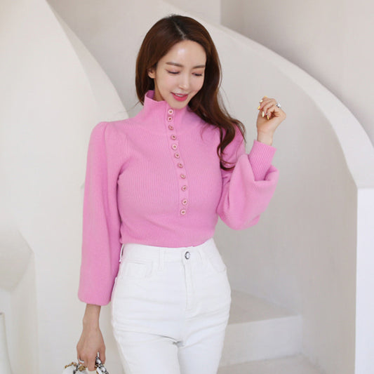 Stylish Women's Knitted Top Long Sleeve Single Breasted