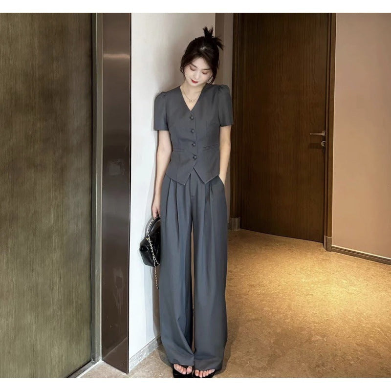 New Flattering Short Sleeve Top and Casual Wide Leg Pants Two Piece Set for Women