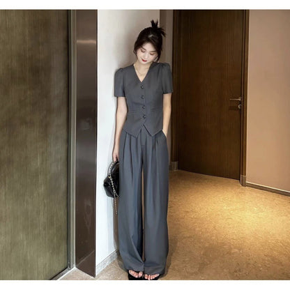 New Flattering Short Sleeve Top and Casual Wide Leg Pants Two Piece Set for Women