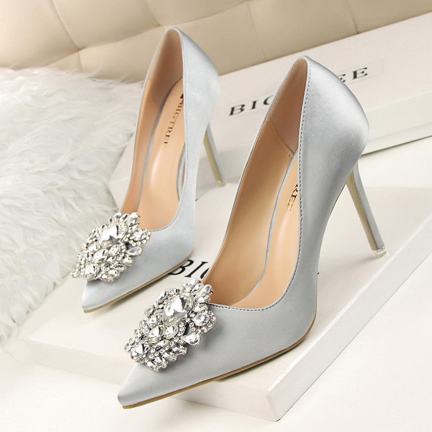 Elegant Women's Shiny Rhinestone Pointed Toe Buckle Heels