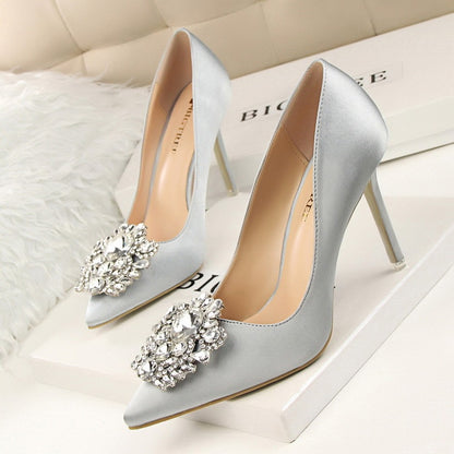 Elegant Women's Shiny Rhinestone Pointed Toe Buckle Heels