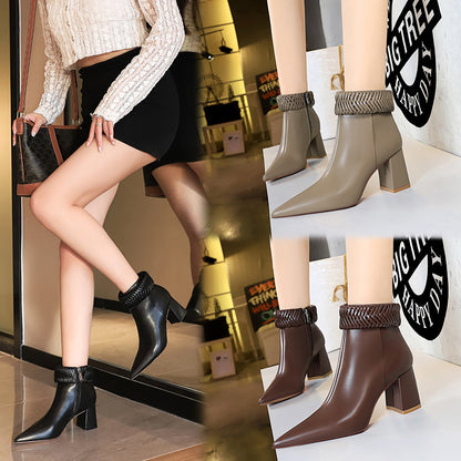 Women's Short Boots with Braided Lapel and Side Zipper
