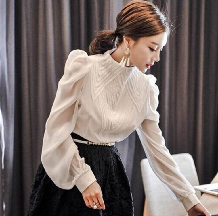 Women's Korean Style Lantern Sleeve Blouse and Black Midi Skirt