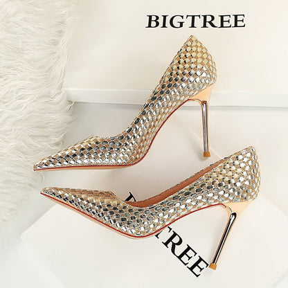 Women's Shiny Sequin Woven Metal Decoration Leather Stiletto Heels