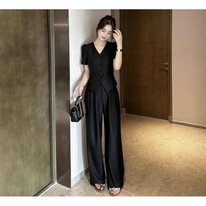 New Flattering Short Sleeve Top and Casual Wide Leg Pants Two Piece Set for Women