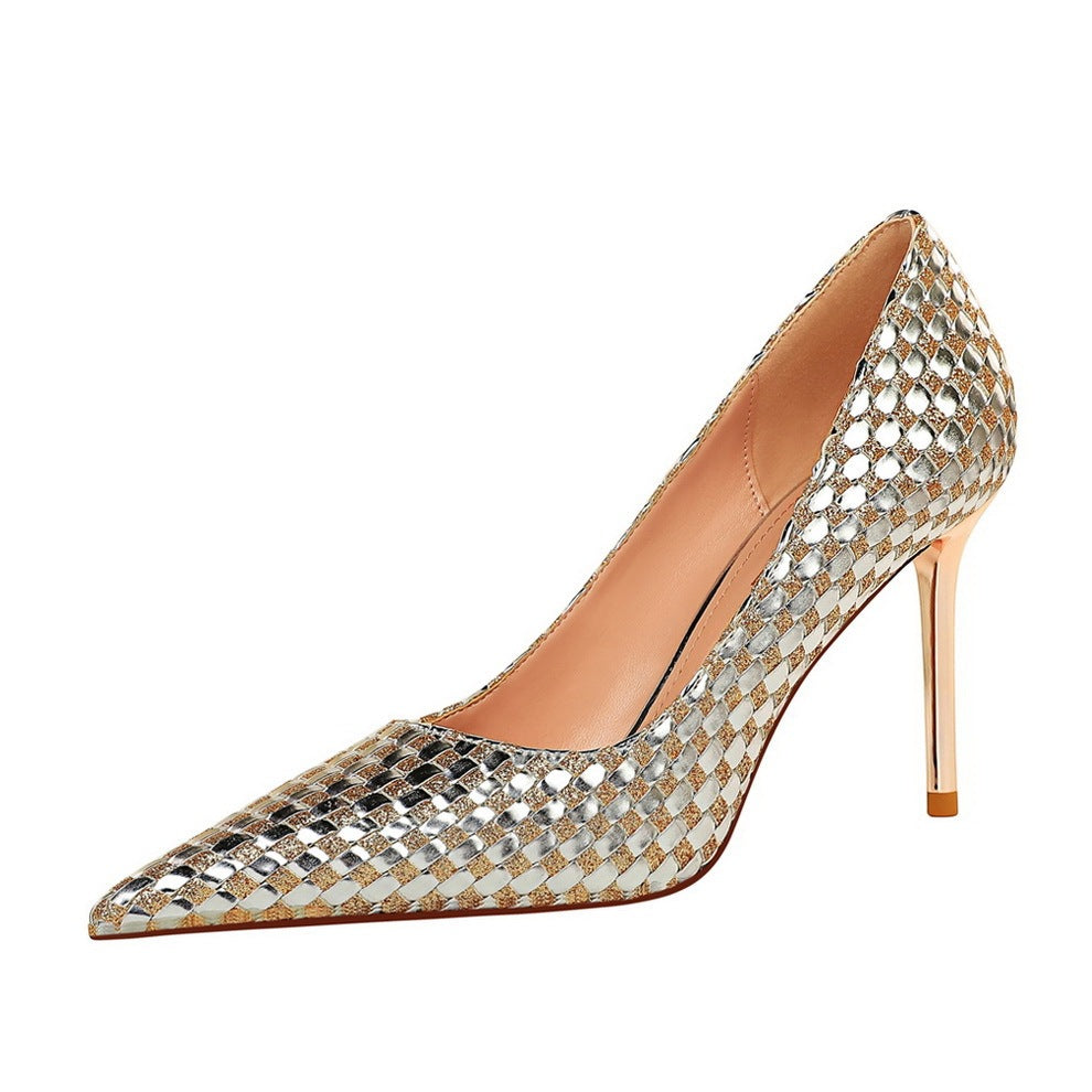 Women's Shiny Sequin Woven Metal Decoration Leather Stiletto Heels