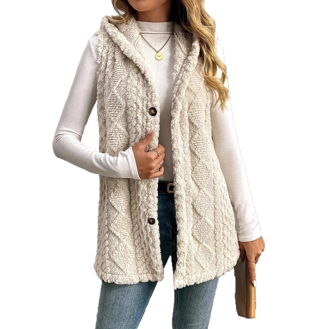 Women's Plush Hooded Button Cardigan Vest