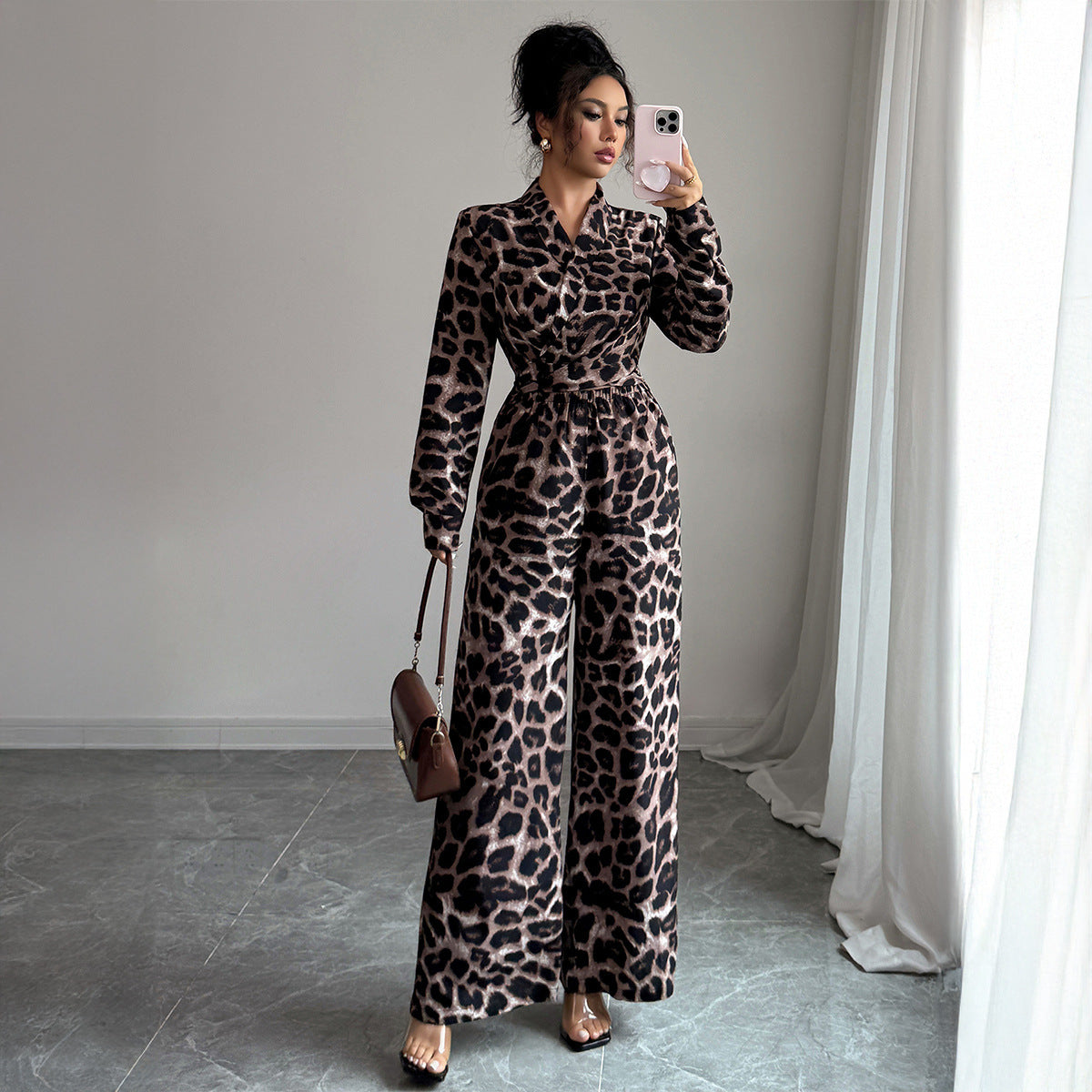Women's Leopard Print Long Sleeve Jumpsuit