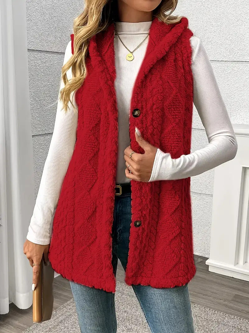Women's Plush Hooded Button Cardigan Vest