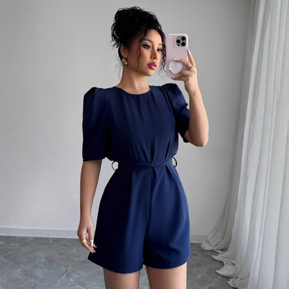 Women's Puff Sleeve Solid Color One Piece Shorts