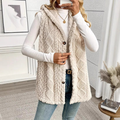 Women's Plush Hooded Button Cardigan Vest