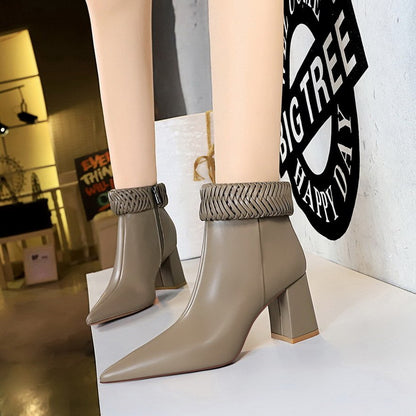 Women's Short Boots with Braided Lapel and Side Zipper